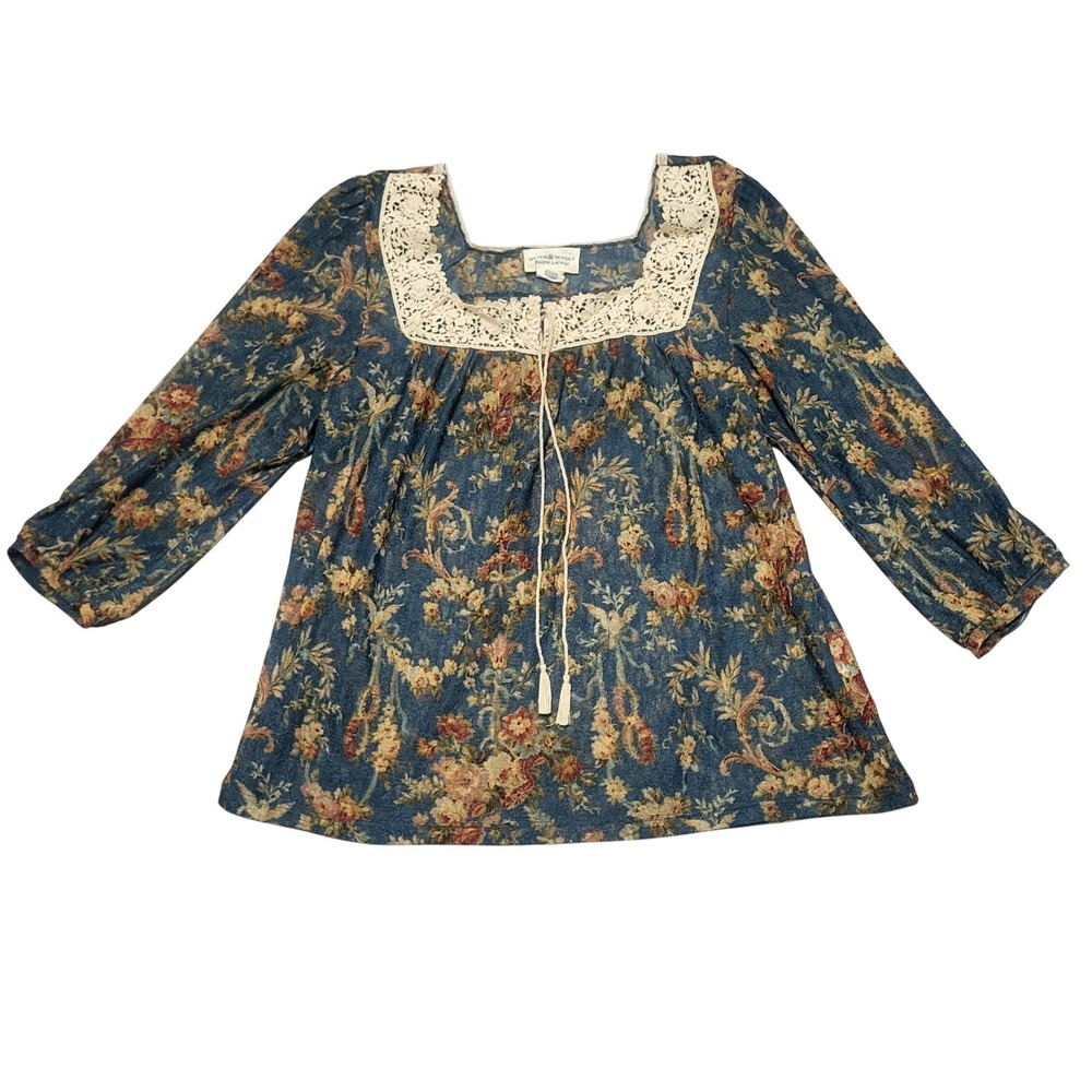 Denim & Supply Ralph Lauren Blue Floral Peasant Blouse Lace Prairiecore Fairy M